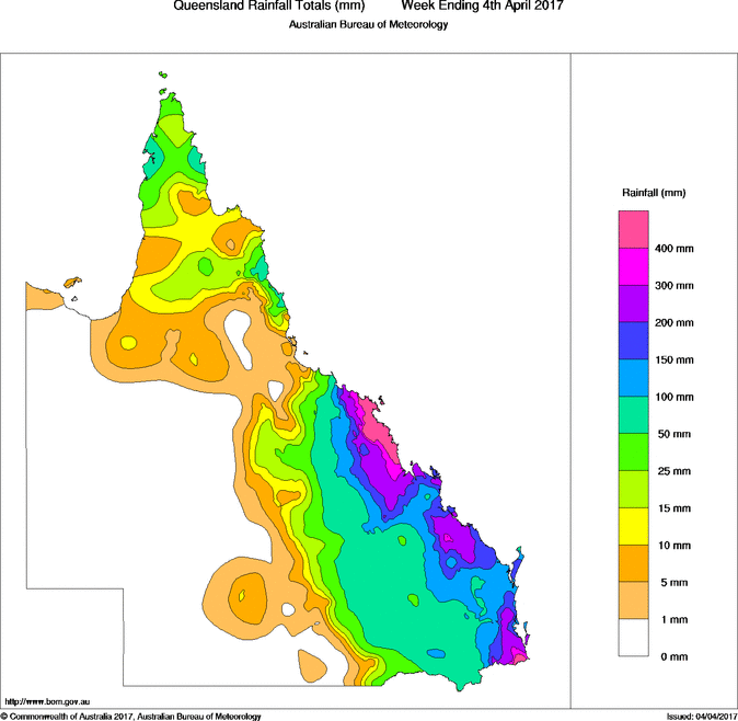 Queensland rainfall for the week ending April 4th via BOM