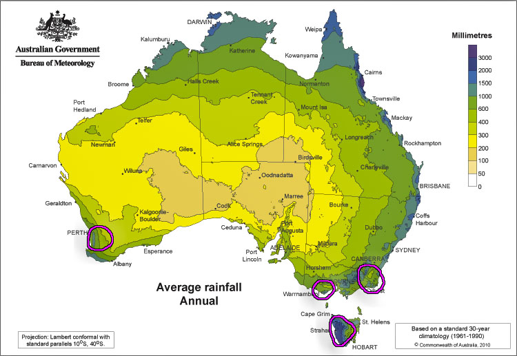 Areas in Australia impacted by Rain Shadows via BOM