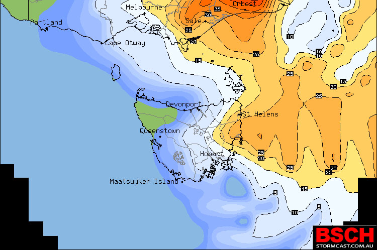 OCF Forecast Rainfall for Friday across Tasmania showing rain easing over the South East and increasing over the North East. Image via BSCH / OCF